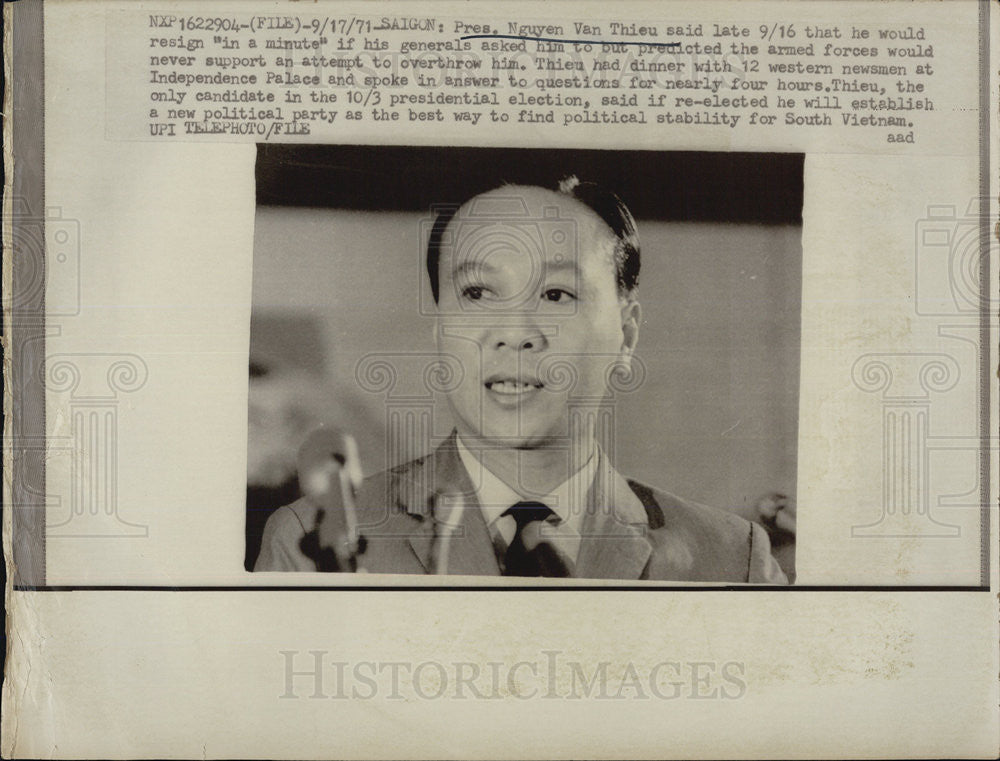 1971 Press Photo Vietnam Pres declares armed forces won&#39;t overthrow him - Historic Images