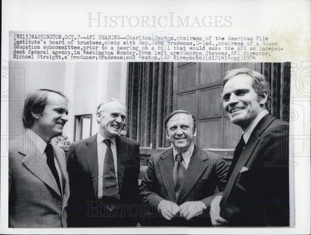 1974 Press Photo Charlton Heston, Rep. John Brademas, George Stevens - Historic Images