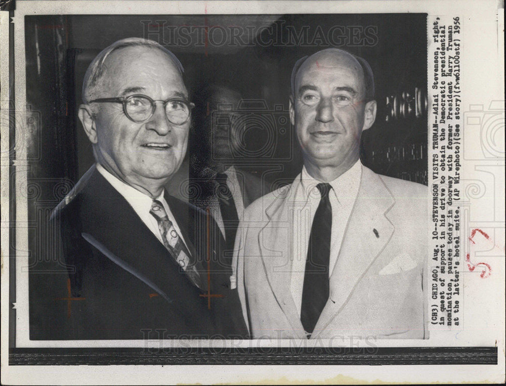 1956 Press Photo Former President Harry S. Truman &amp; Adlai Stevenson in Chicago - Historic Images