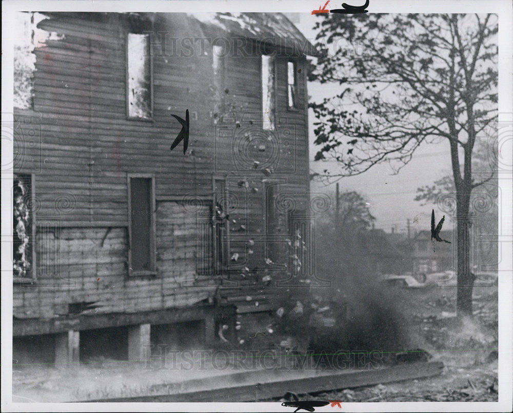 1954 Press Photo National Defense Chimney Crashing To Ground of Burning House - Historic Images