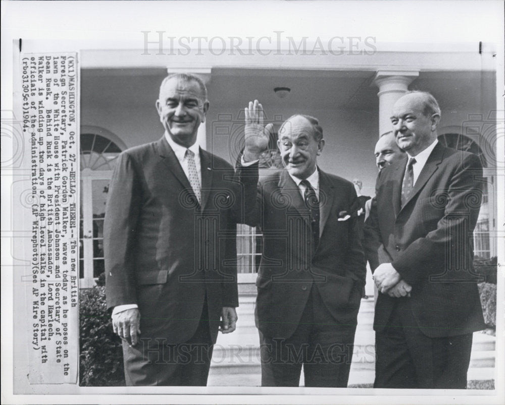 1964 Press Photo Patrick Gordon Walker, President Johnson and Dean Rusk - Historic Images