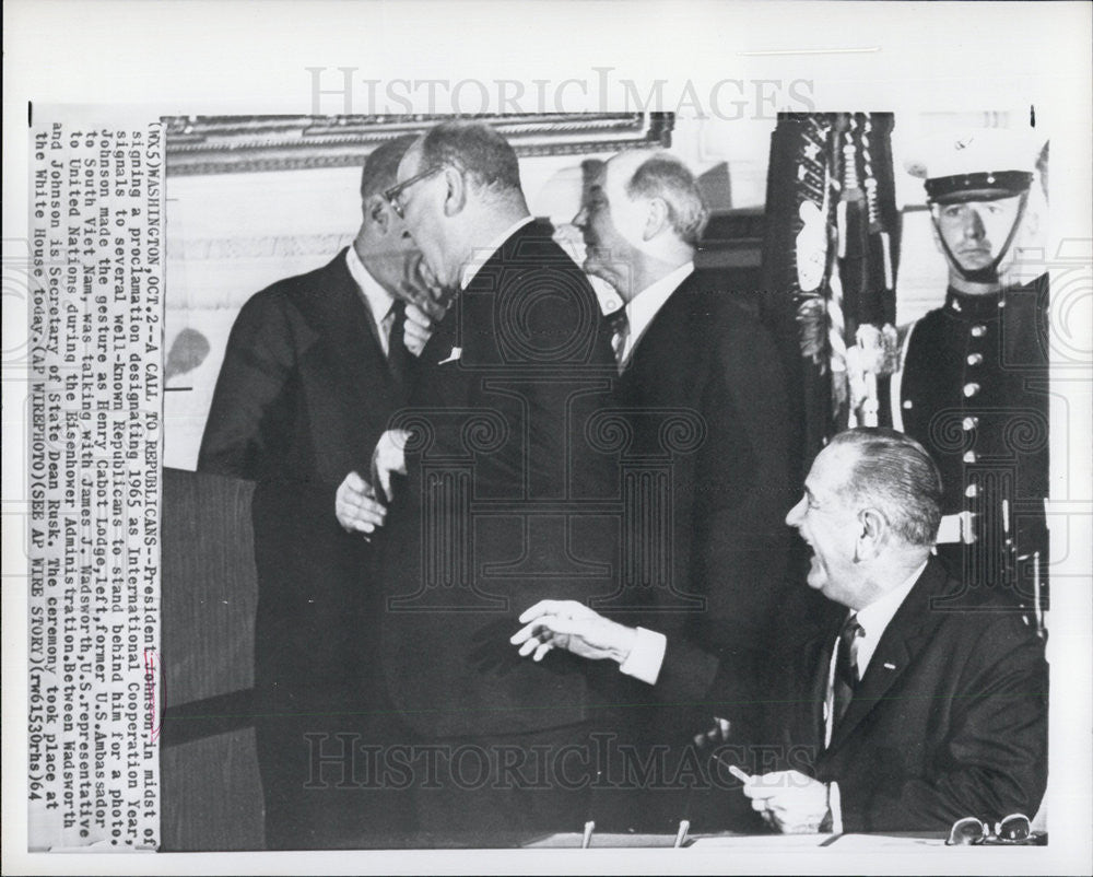 1964 Press Photo President Johnson, Henry Cabot Lodge and James J. Wadsworth - Historic Images