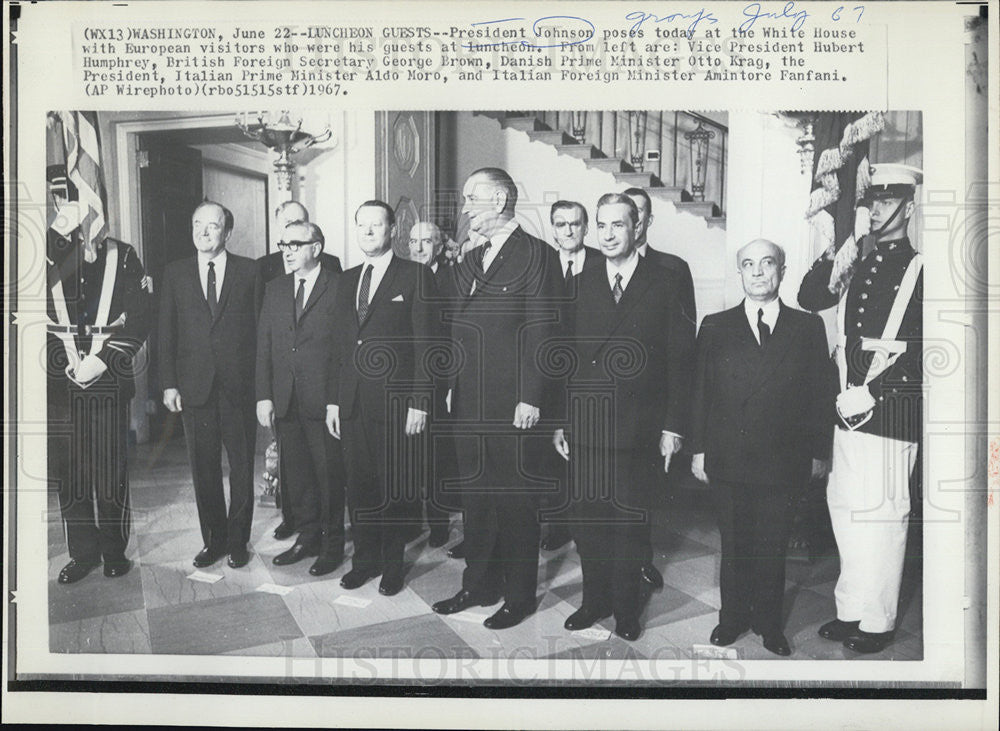 1967 Press Photo Pres Johnson w/ VP Hubert Humphrey British Foreign Sec George Brown - Historic Images