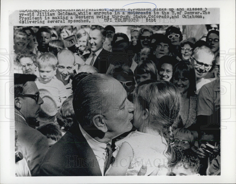 1966 Press Photo Pres Johnson kisses 11 yr old Jillian Goldman at Denver - Historic Images