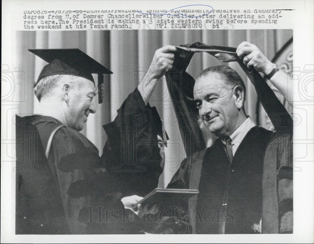 1966 Press Photo Pres Johnson receiving honorary degree from U of Denver - Historic Images