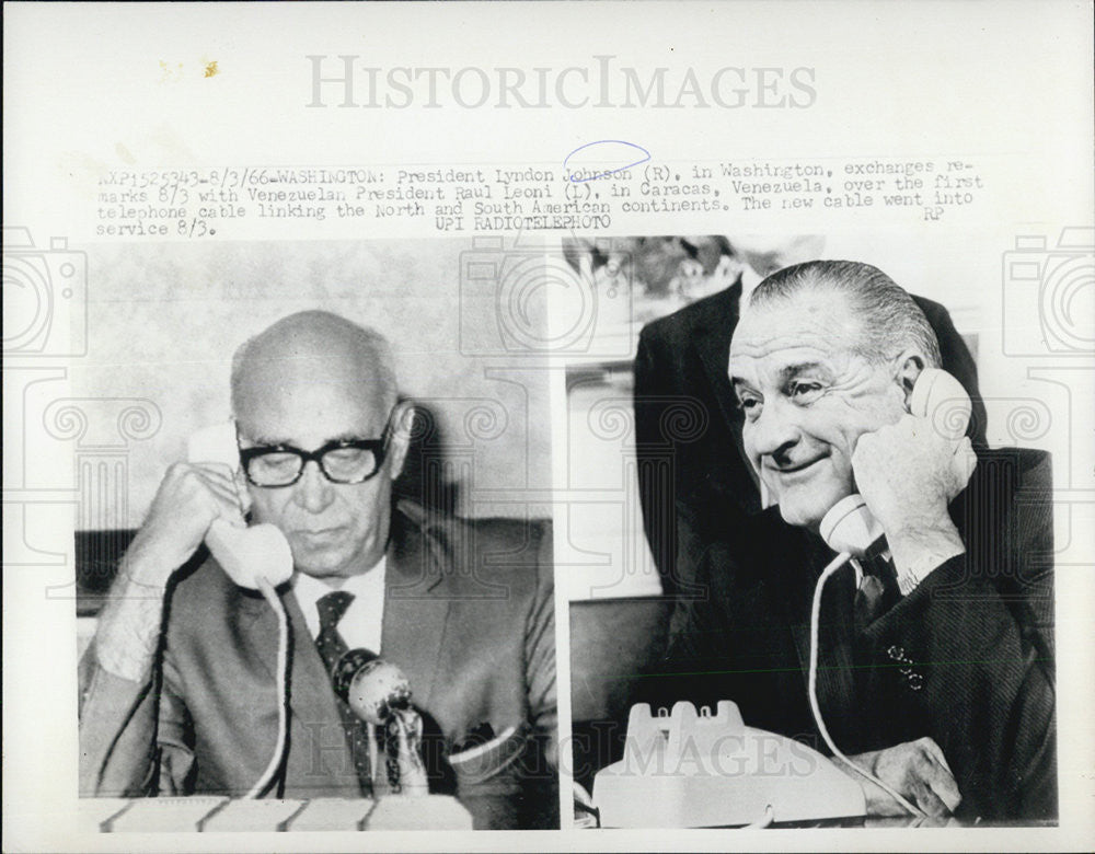 1966 Press Photo Pres Johnson on the phone w/ Venezuelan Pres Raul Leoni - Historic Images