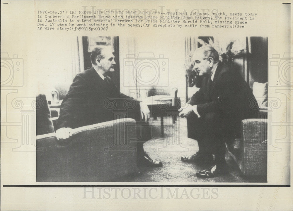 1967 Press Photo President Johnson Meets with Interim Prime Minister John McEwen - Historic Images