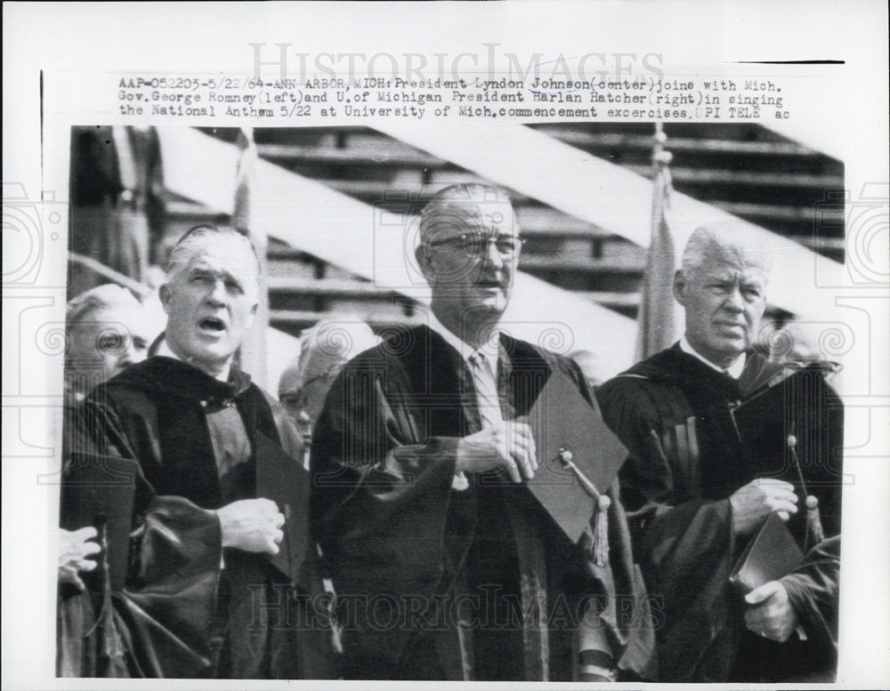 1964 Press Photo President Lyndon B. Johnson, George Romney and Harlan Hatcher - Historic Images