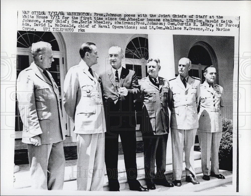 1964 Press Photo President Johnson, Gen. Harold Keith Johnson,Gen. Earle Wheeler - Historic Images