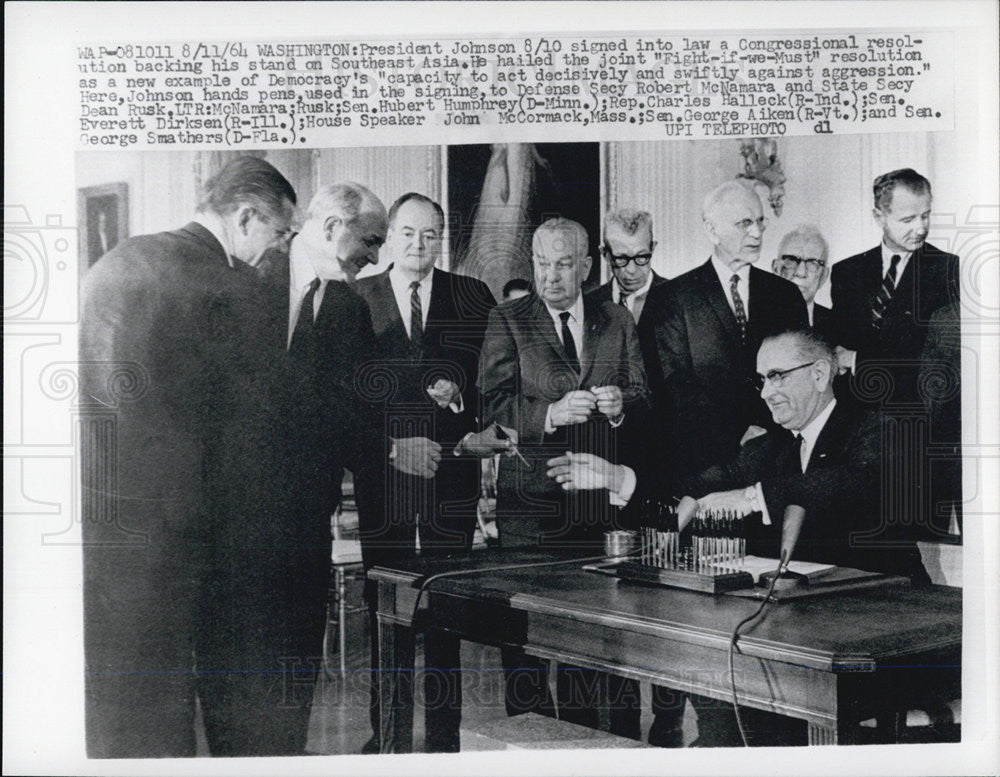 1964 Press Photo President Johnson, Defense Sec. Robert McNamara,Dean Rusk - Historic Images