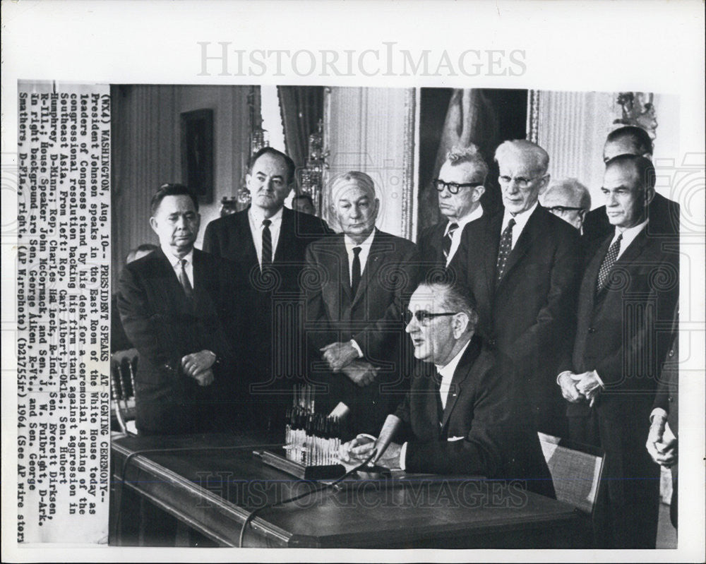 1964 Press Photo President Johnson, Rep. Carl Albert, Sen. Hubert Humphrey - Historic Images