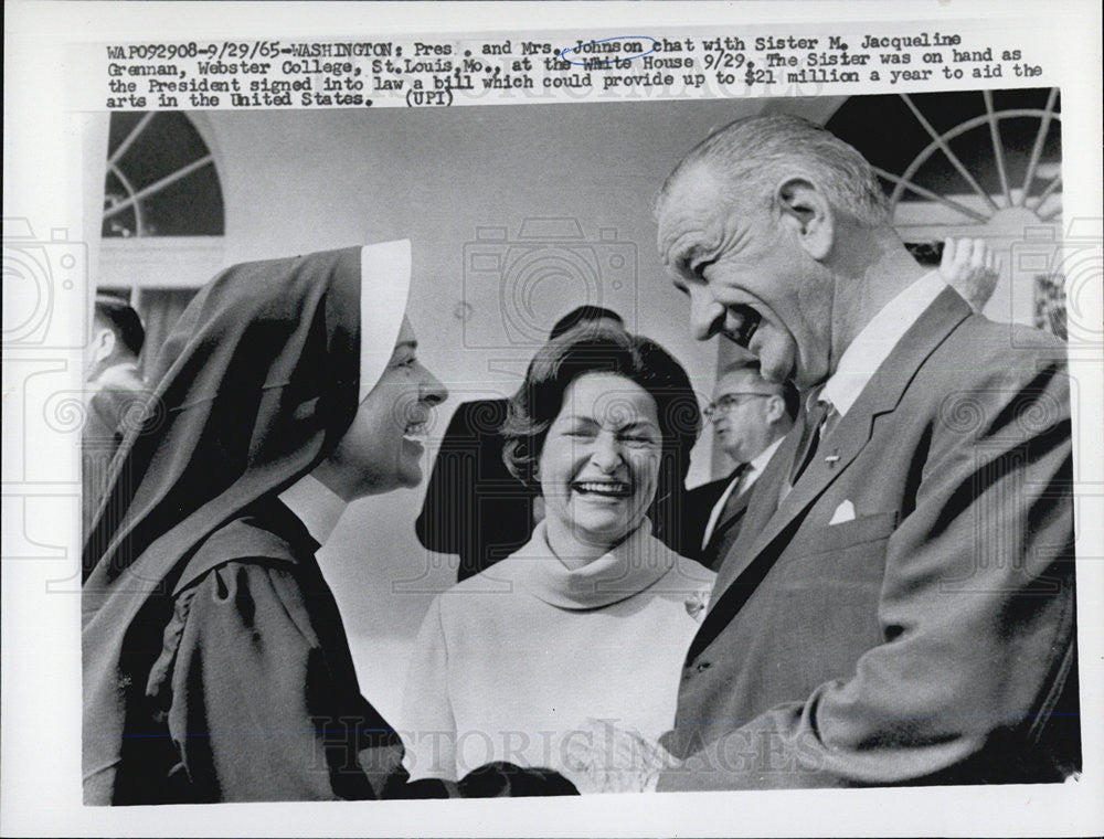 1965 Press Photo President and Mrs. Johnson and Sister M. Jacqueline Grennan - Historic Images