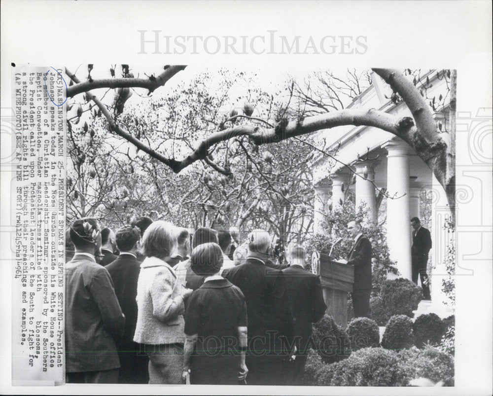 1964 Press Photo President Johnson speaks at his Rose Garden - Historic Images