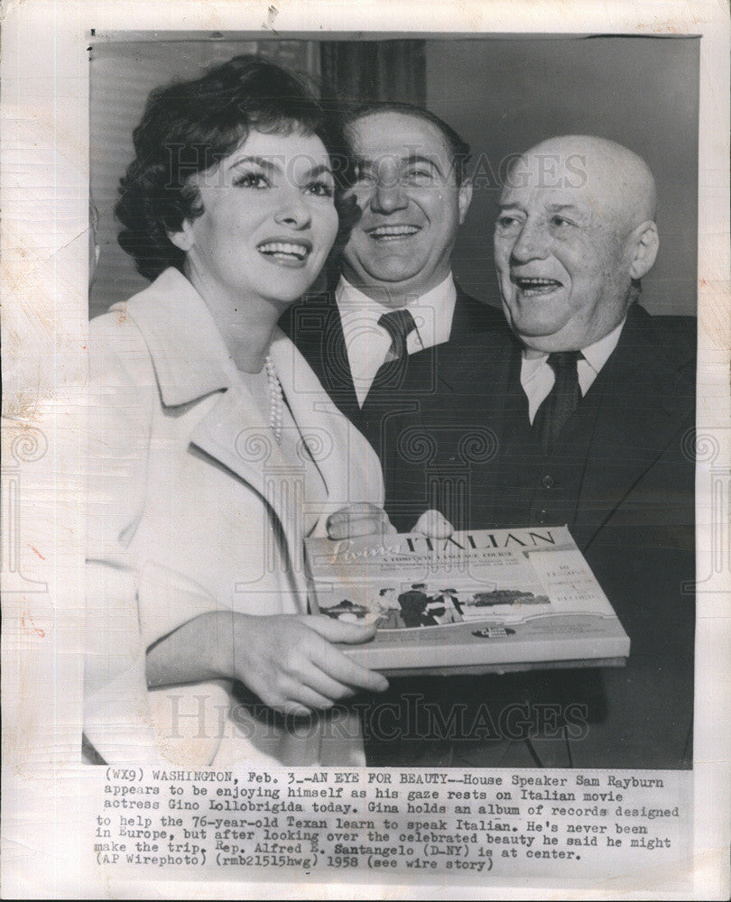 1958 Press Photo Gina Lollobrigida House Speaker Sam Rayburn - Historic Images