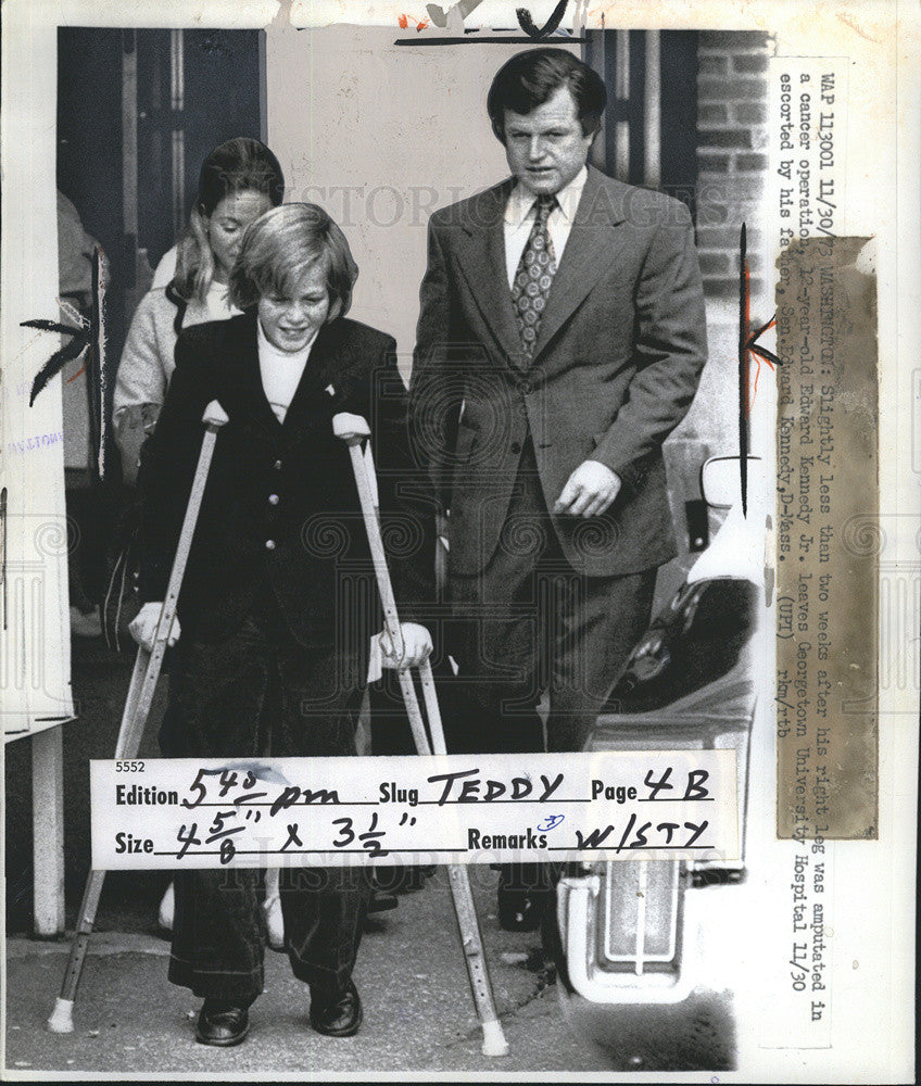 1973 Press Photo 12 Year Old Edward Kennedy Leaving Hospital  Leg was Amputated - Historic Images