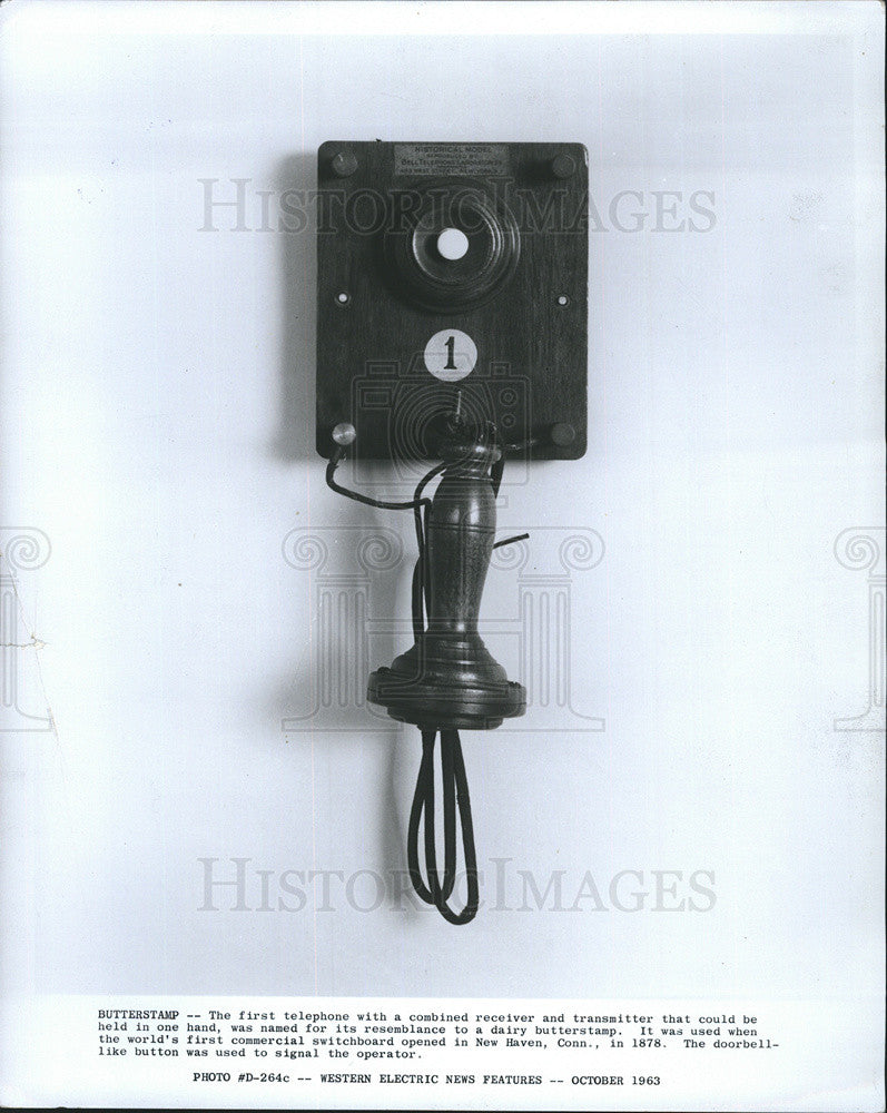 1963 Press Photo Butterstamp the 1st telephone w/ combined receiver &amp; transmitter - Historic Images