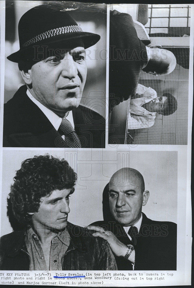 1973 Press Photo COPY Telly Savals; Gene Woodbury; And Marjoe Gortner In Kojack - Historic Images