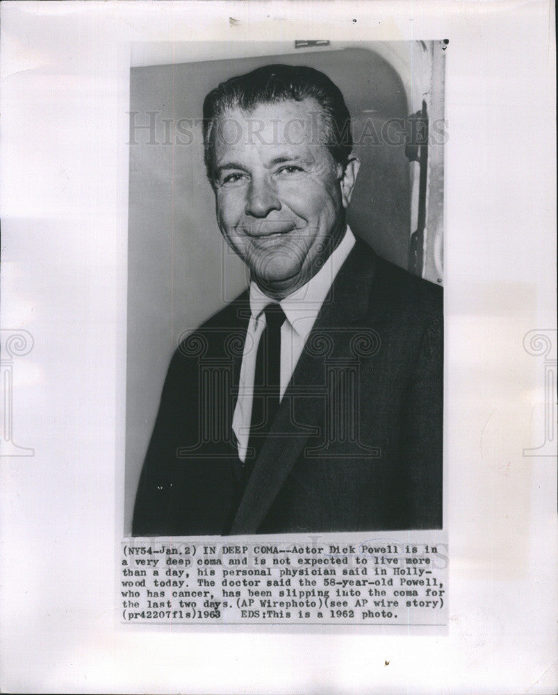 1963 Press Photo Dick Powell on Coma Suffers from Cancer - Historic Images