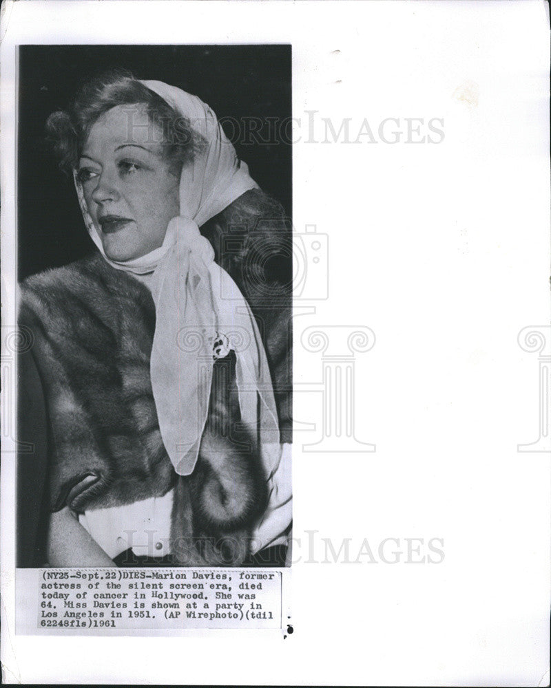 1961 Press Photo Silent Screen  Marion Davies Dies Of Cancer In Hollywood At 64 - Historic Images