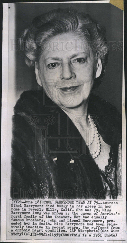 1951 Press Photo Ethel Barrymore Dies - Historic Images