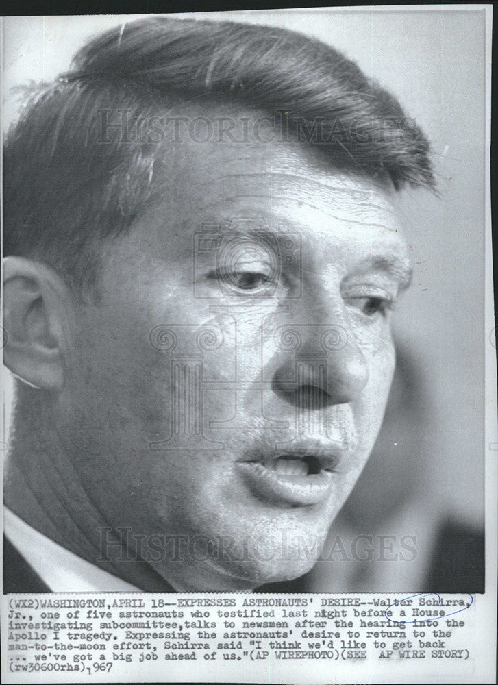 1967 Press Photo Walter Schirra Jr. Astronauts Testifies House Investigation - Historic Images