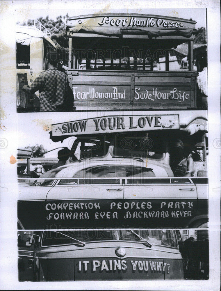 1960 Press Photo Carefree Ghanaians and their catchy slogans on their cars - Historic Images