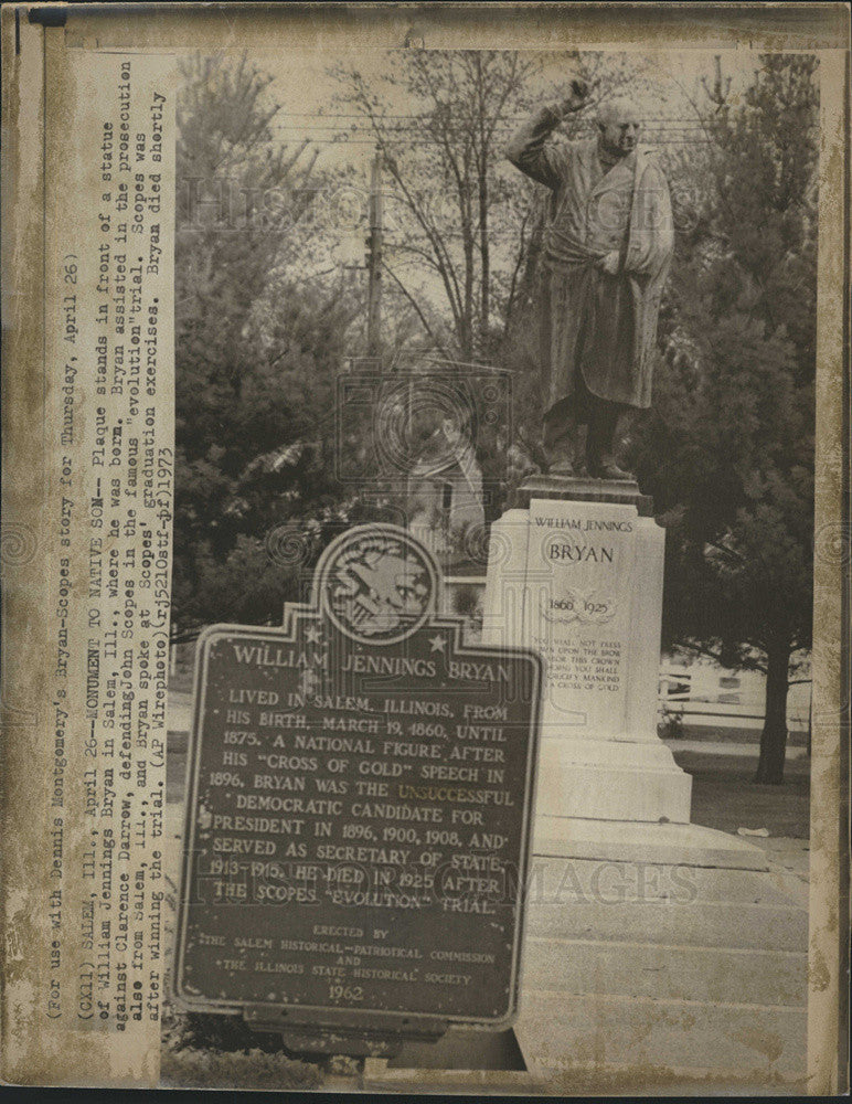 1973 Press Photo of Statue of William Jennings Brayan in Salem Illinois. - Historic Images