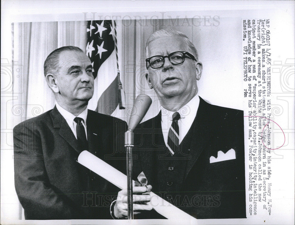 1965 Press Photo Pres Johnson &amp; Henry H Fowler - Historic Images