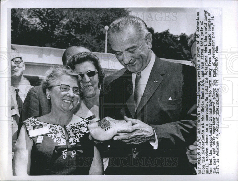 1965 Press Photo Pres. Johnson Given Shoes from Rotarians from Netherlands - Historic Images