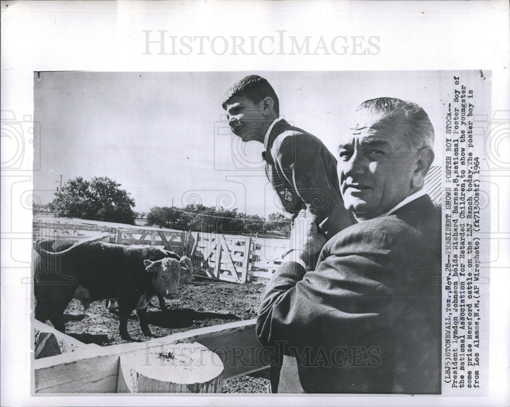 1964 Press Photo Pres. Johnson hold a boy to show a Hereford cattle at LBJ Ranch - Historic Images