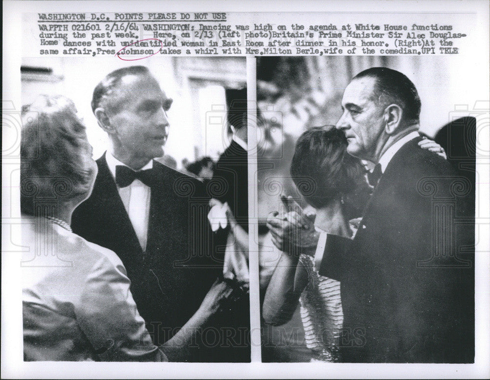 1964 Press Photo Pres.Johnson takes a whirl with Mrs.Milton Berle and Britain Prime minister Alec Do - Historic Images