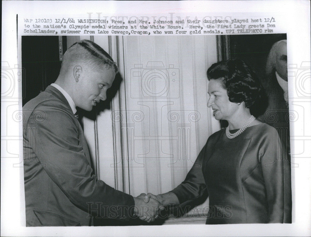 1964Press Photo Mrs.Johnson greets Don Schollander swimmer Olympic Gold Medalist - Historic Images