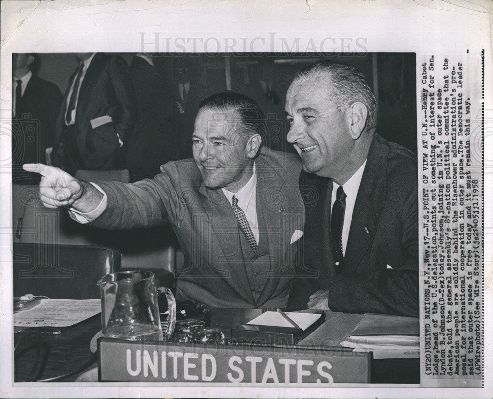 1958 Press Photo Senator Lyndon B. Johnson Henry Cabot United Nations - Historic Images