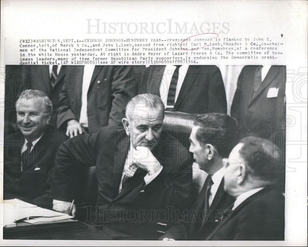 1964 Press Photo President Lyndon B. Johnson John Connor Loeb Senator Hubert - Historic Images