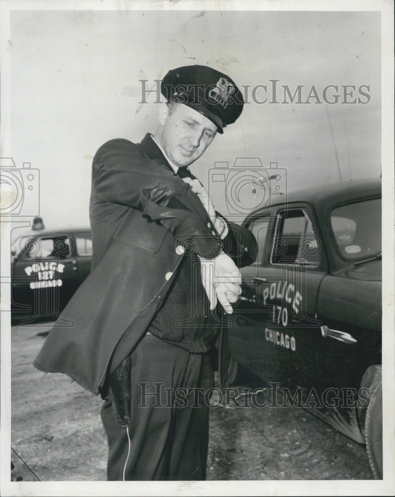 1952 Officer Henry S. Michnlski shows where wild steer hit him when - Historic Images