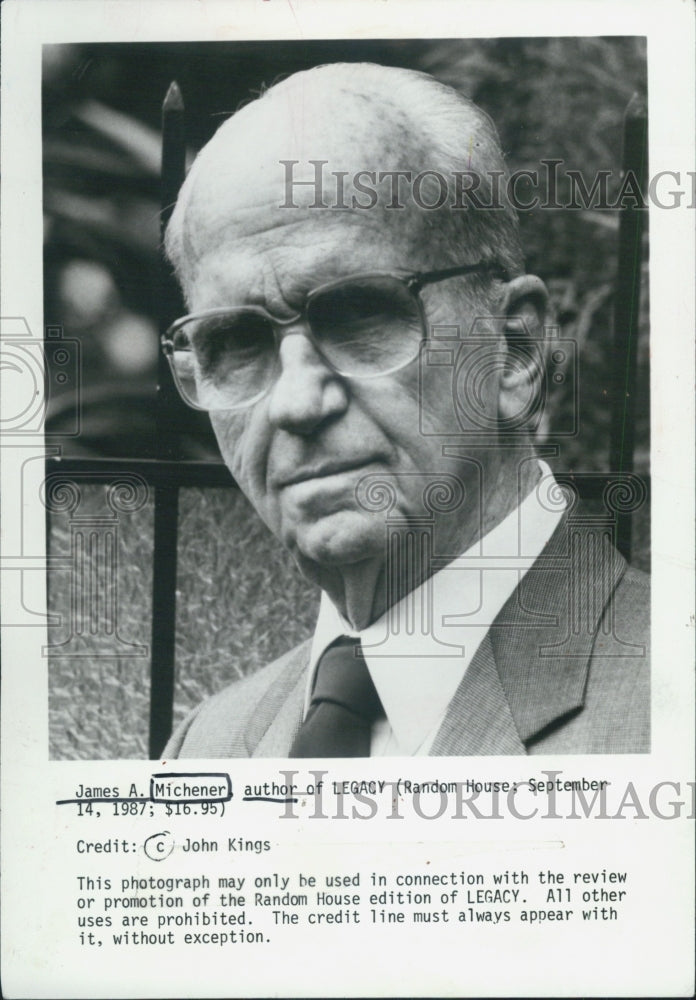 1987 Press Photo James A. Michener, author of &#39;Legacy&#39; - Historic Images