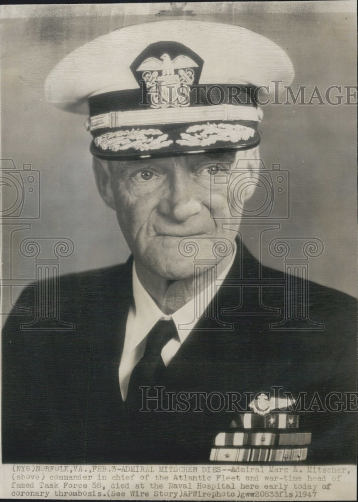 1947 Press Photo Admiral Marc A. Mitscher Comdr. Atlantic Fleet Dies at Age 60 - Historic Images