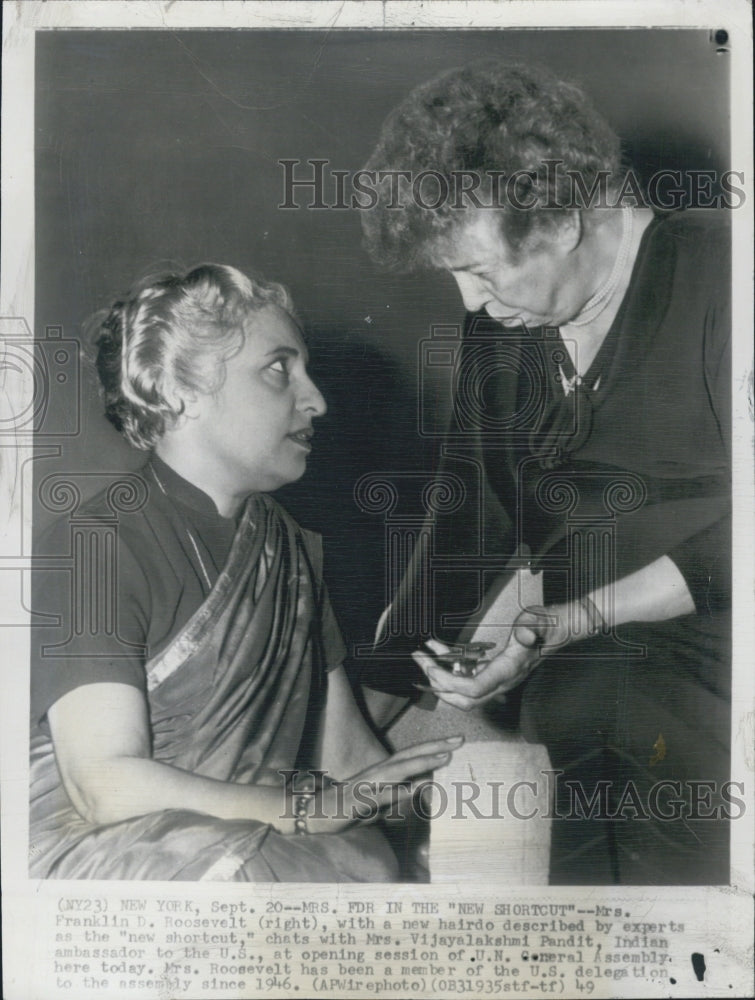 1949 Eleanor Roosevelt Indian Ambassador Mrs. Pandit United Nations - Historic Images