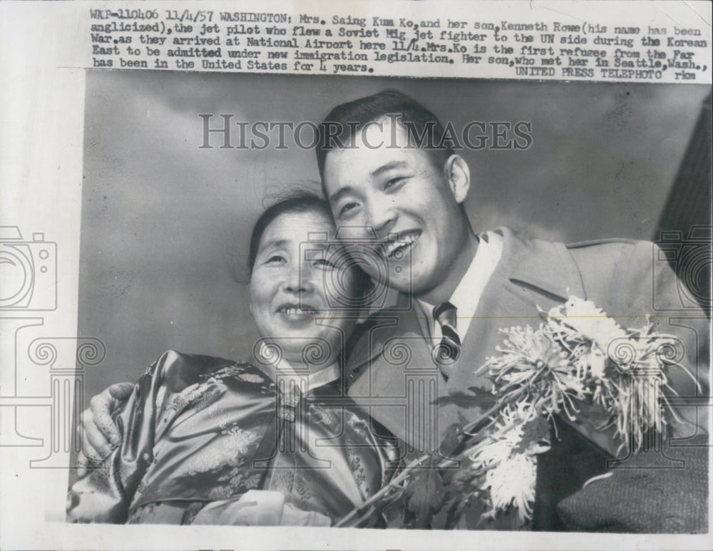 1957 Mrs. Saing Kum Ko son Kenneth Rowe jet pilot UN side Korean War - Historic Images