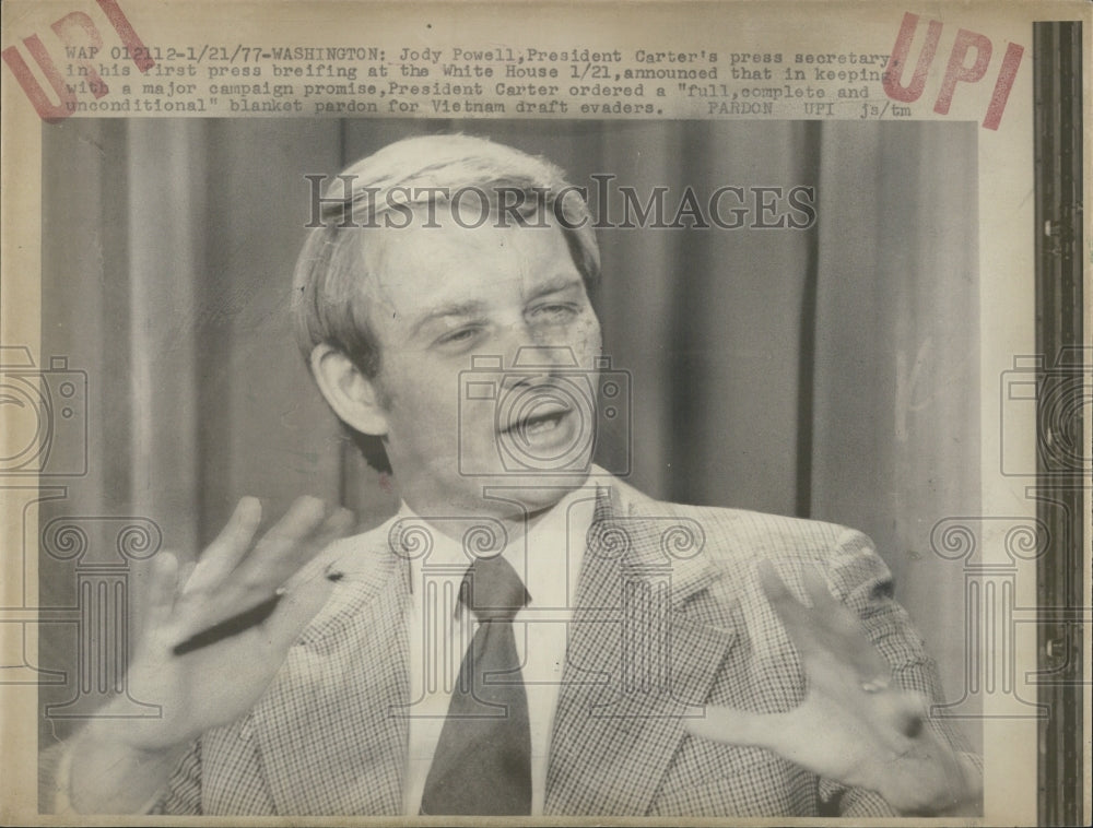 1977 Jody Powell president Carter Press Sec. At Press Briefing - Historic Images