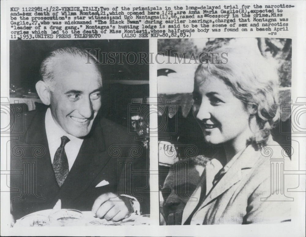 1953 Press Photo Wilma Montesi Trial Anna Maria Gaglio & Ugo Mantagna Venice - Historic Images