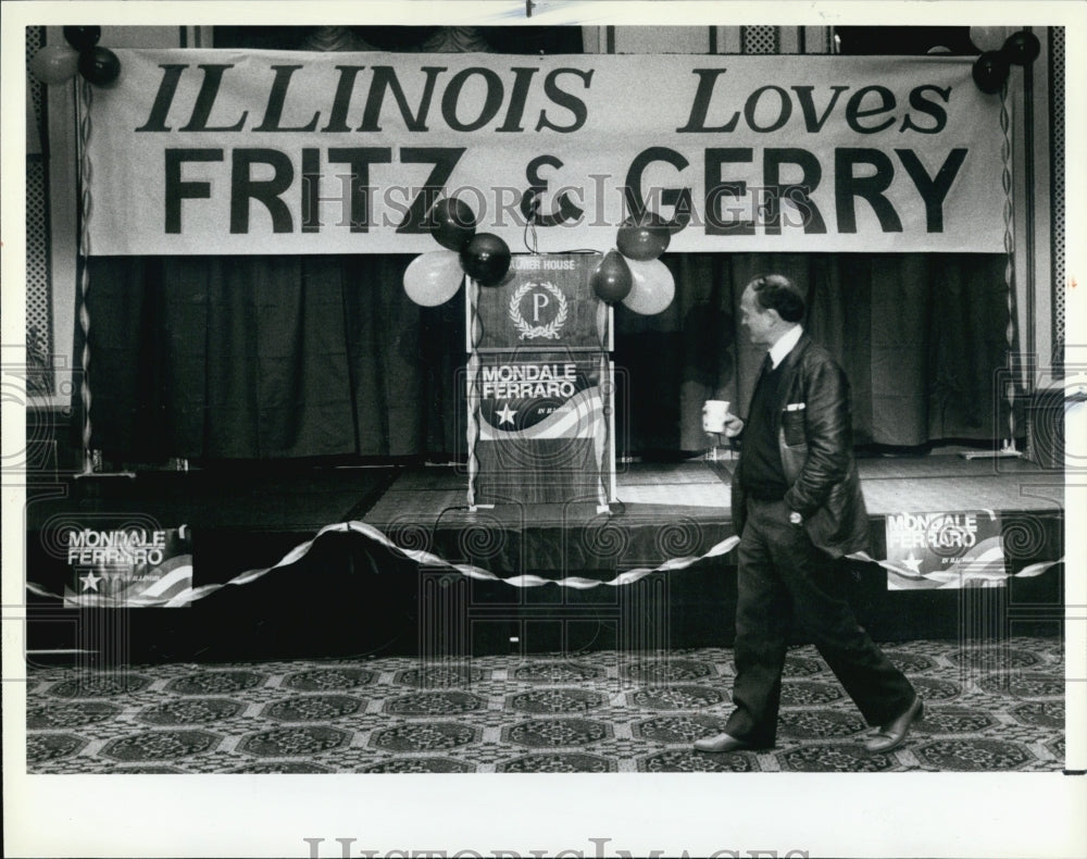 1984 Press Photo Walter Mondale And Geraldine Ferraro Palmer House Headquarters - Historic Images