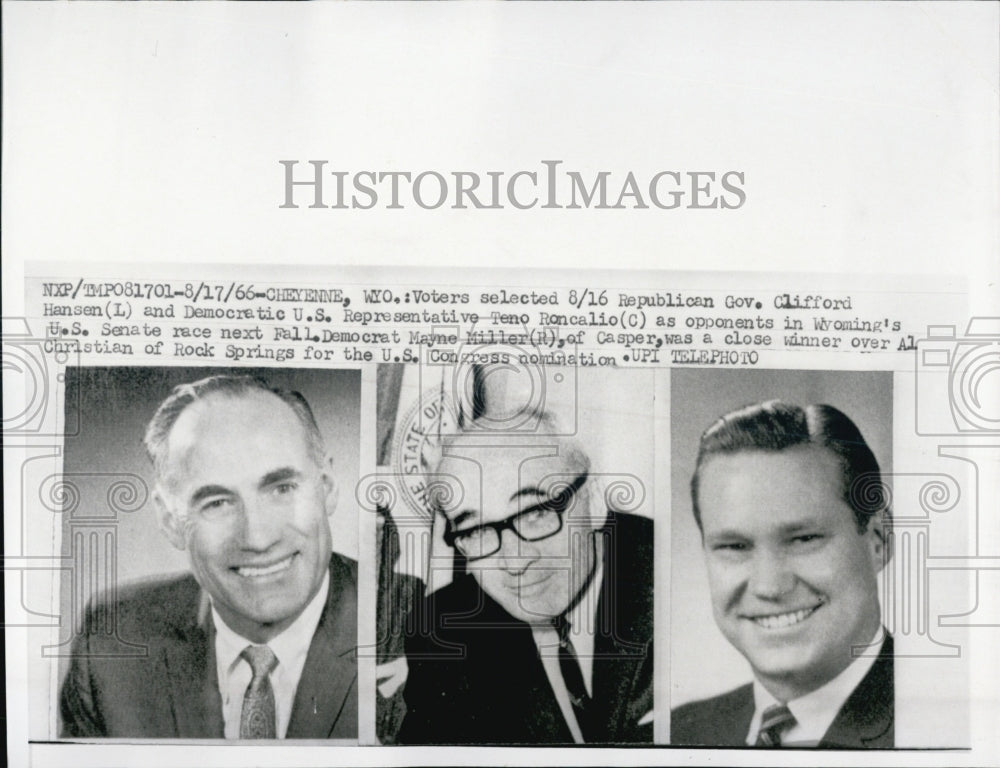 1966 Press Photo Governor Clifford Hansen/Teno Roncalio/Mayne Miller/Wyoming - Historic Images