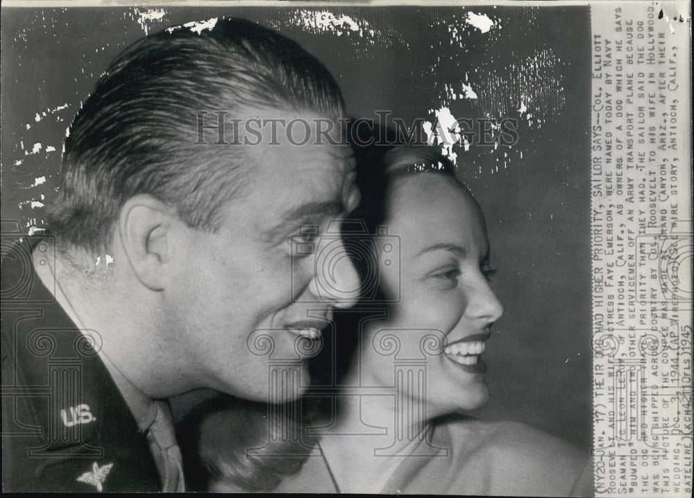1945 Elliott Roosevelt & Wife Actress Faye Emerson After Wedding - Historic Images