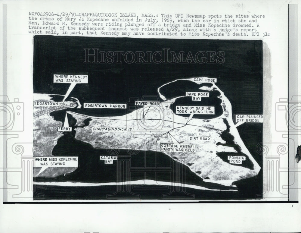 1970 Map of Chappaquiddick Island w/ details about Sen. Kennedy - Historic Images