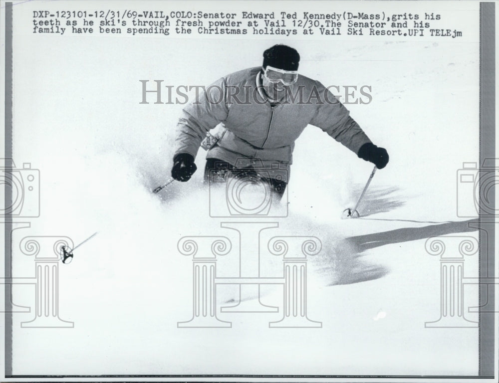 1969 Edward Ted Kennedy ski&#39;s through fresh powder snow at Vali. - Historic Images