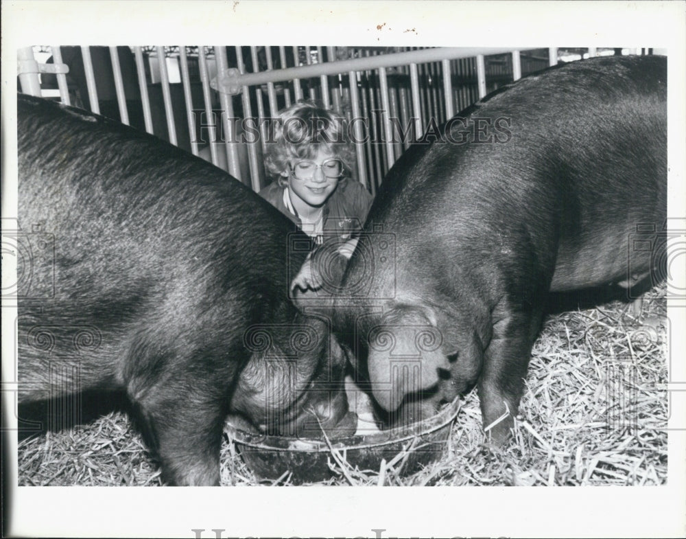 1984 Press Photo Kathy Palmreuter with pigs at state fair - Historic Images