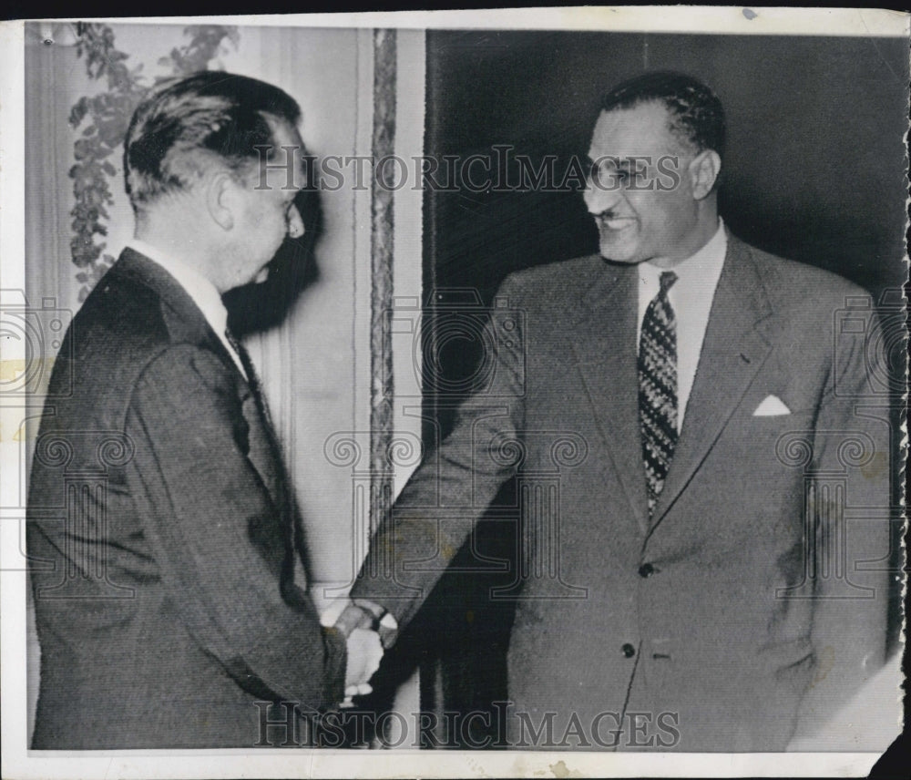 1956 UN Sec Gen Dag Hammarskjold,left,greets Egypt&#39;s Pres Nesser - Historic Images