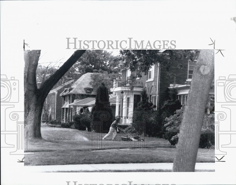 1992 Press Photo a person doing yard work in a Detroit suburb - Historic Images