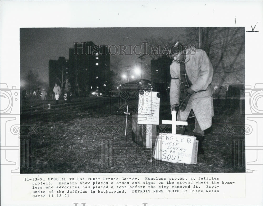 1991 Press Photo Kenneth Shaw Homeless Advocate Protest at Jefferson Project - Historic Images